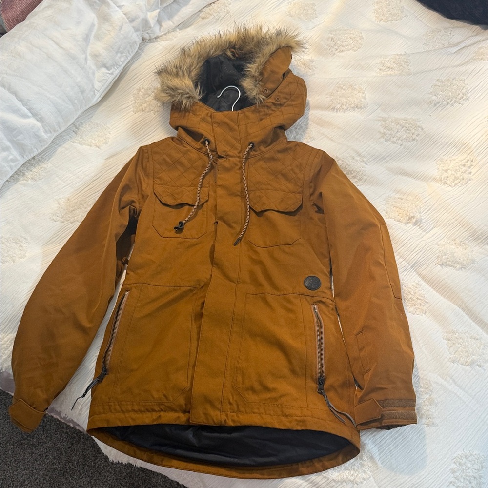 Brown Hooded Parka with Faux Fur Trim